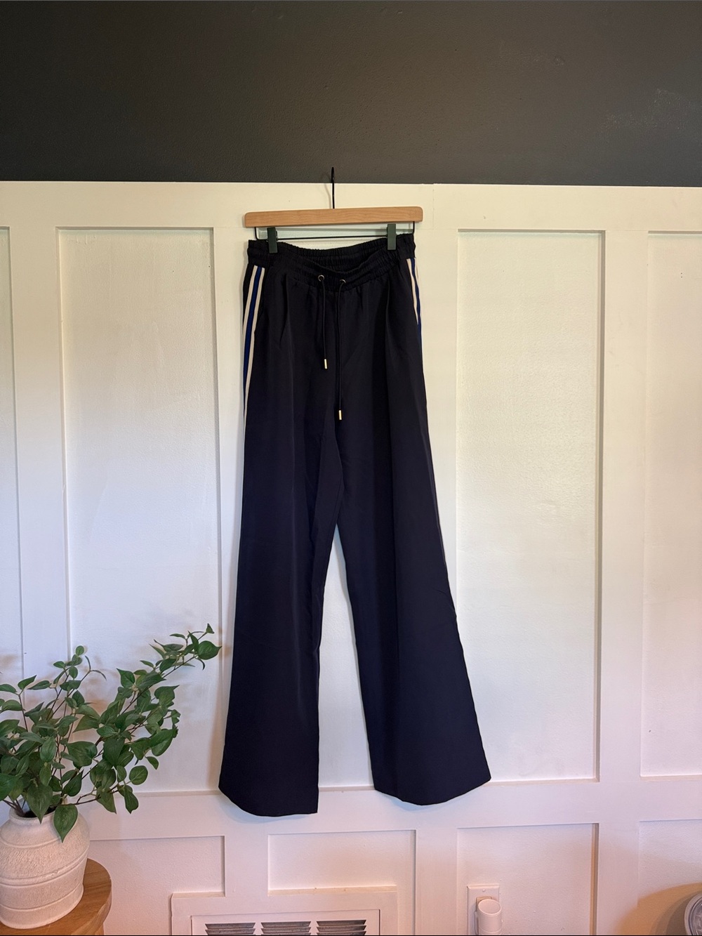 Anthropologie Navy Blue Wide-Leg Track Pants with Contrast Side Stripes